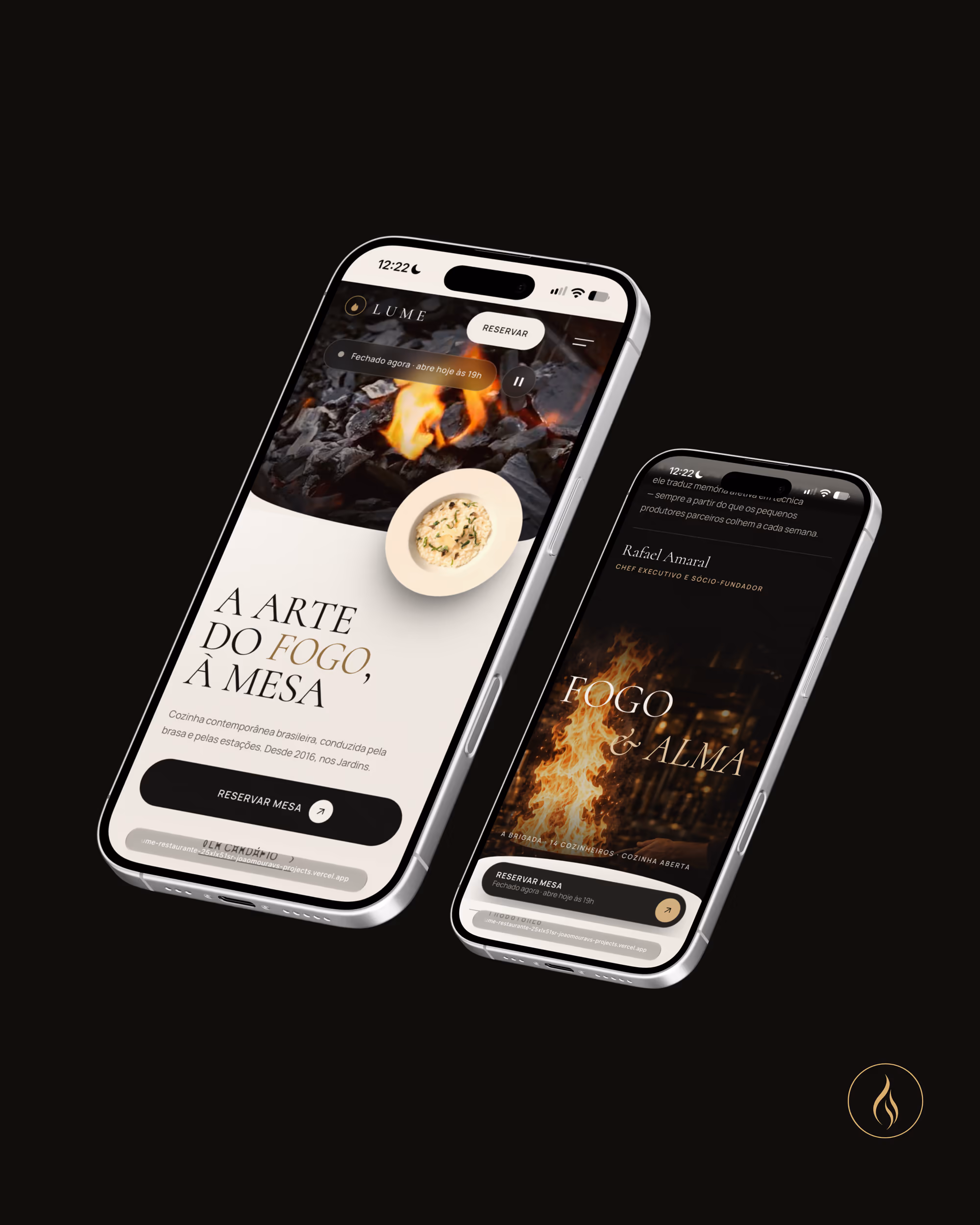 Mockups mobile do site LUME com a home “A arte do fogo, à mesa” sobre fundo escuro